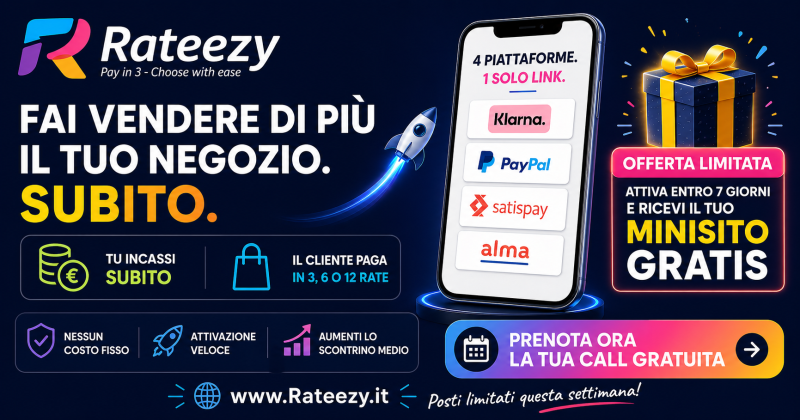 Non aspettare ancora, contattaci ed approfitta dell'offerta del momento! Permetti ai tuoi clienti di pagare in 3, 6 e 12 rate, sia online che presso il tuo store fisico, grazie alle piattaforme più diffuse del momento raggruppate in un unico link e qrcode! https://club.rateezy.it/r/loffredoapps